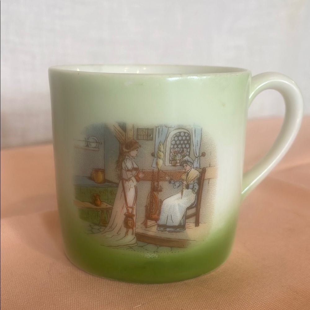 Vintage Green Ceramic Mug with Victorian Scene